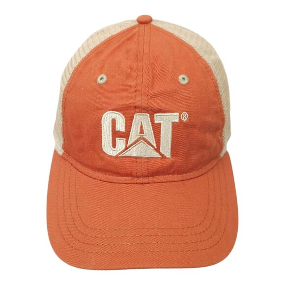 CAT Equipment Embroidered Mesh Strapback Cap Trucker Baseball Hat Orange Tan - Picture 9 of 14